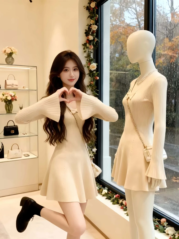 

Новая женская трикотажная юбка Ele V-ne Long Sve для осени и зимы, милая, молодежная, с завышенной талией, базовый слой