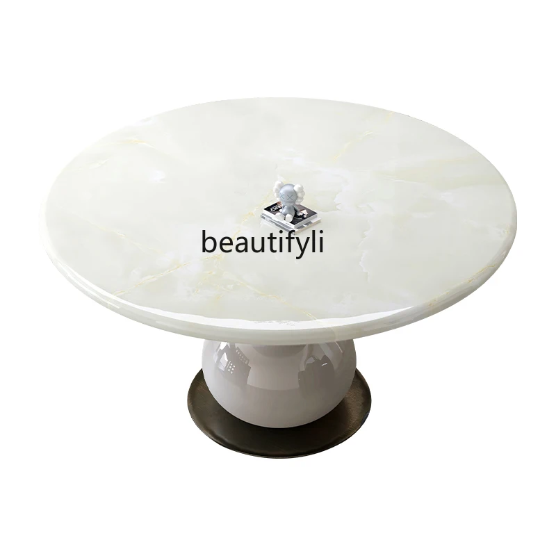 

Natural white ice jade dining table light luxury marble round with turntable household cream wind round table