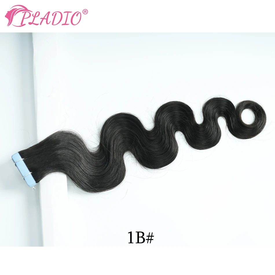 PLADIO Tape in Hair Extensions 20pcs Natural Black Human Hair Extensions Seamless Body Wave Human Hair Extensions Natural Color