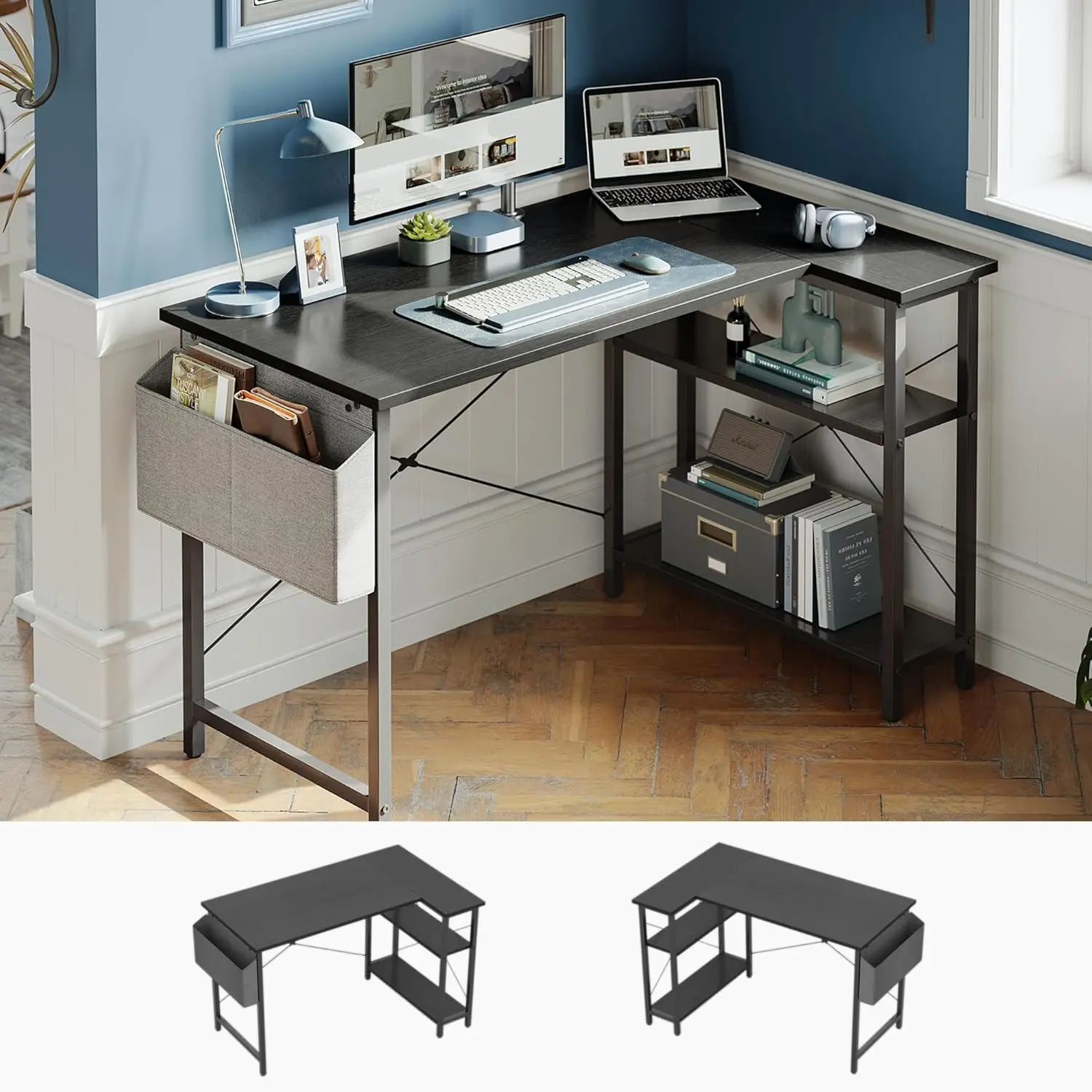 

40-дюймовый L-образный компьютерный стол с двусторонними полками для хранения, черный угловой стол для домашнего офиса, игрового исследования