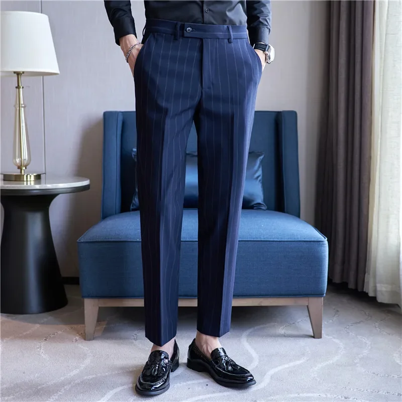 Men\'s Striped Suit Pants Elastic 2024 Autumn New Social Casual Trousers Slim Fit Suit Pants Business Office Wedding Men Clothing