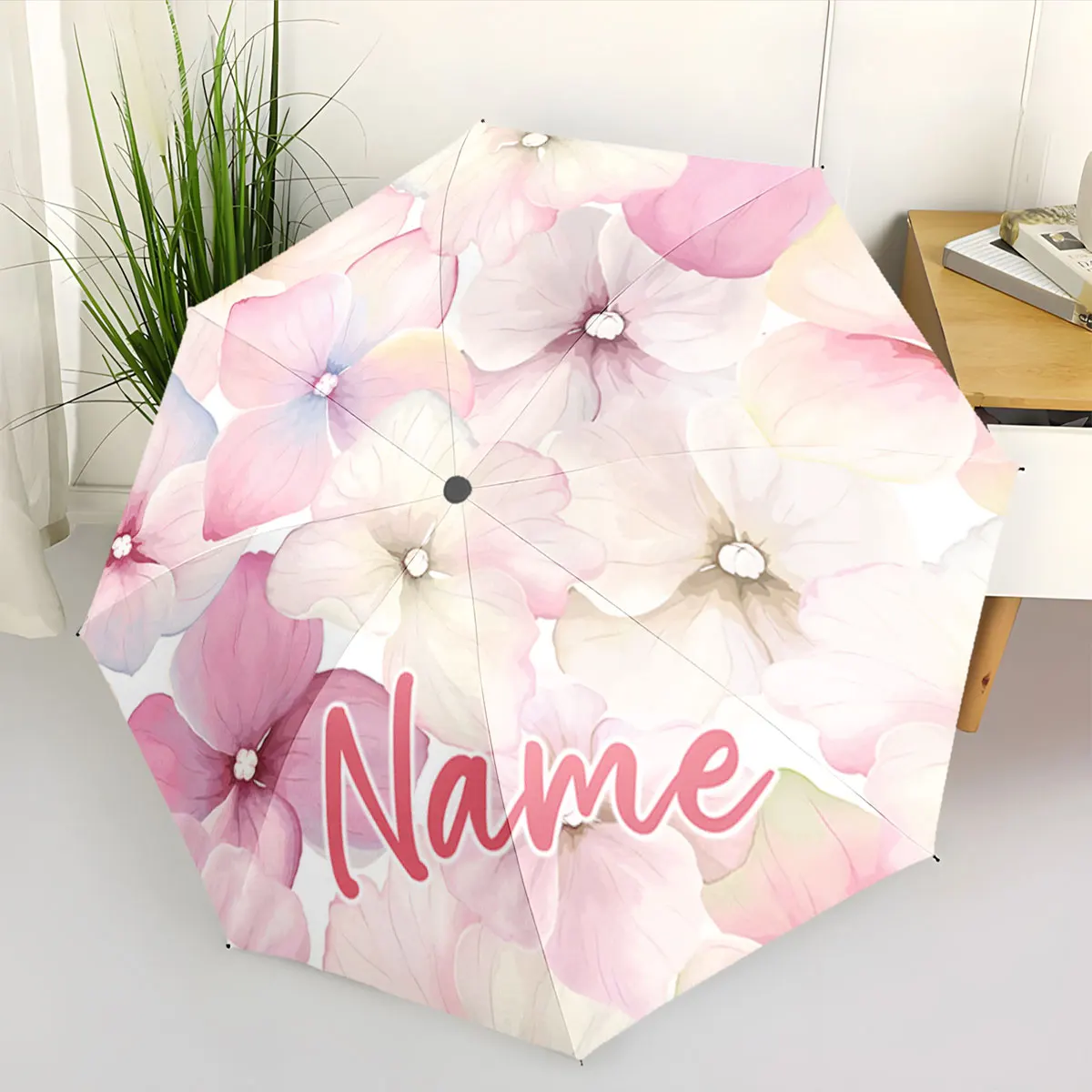 Custom Name Floral Design Personalized Umbrella Print 8 Iron Ribs Folding Umbrella, Auto-Open Fashion Sunshade