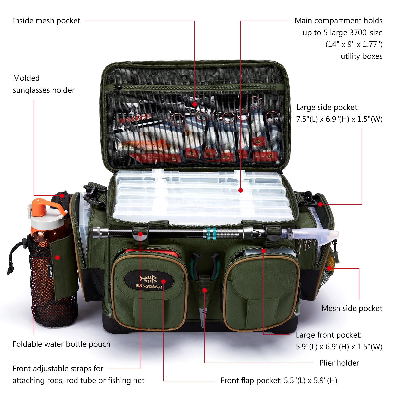 Bassdash Fishing Tackle Shoulder Bag Water Resistant Lightweight Gear Storage Pack FP05 Without Boxes