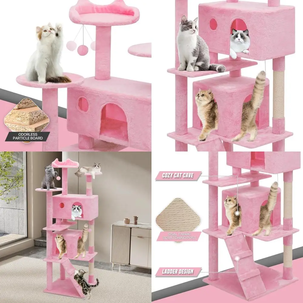 

Высокий розовый кошачий дерево-шармелец 70 дюймов для дома с лежанкой и лазательной стойкой