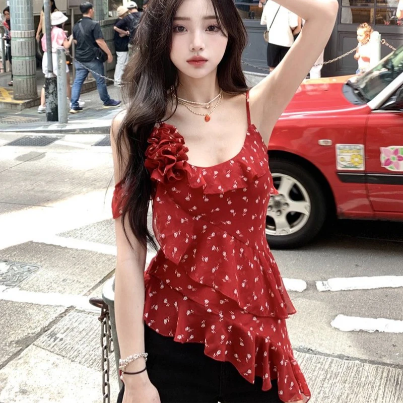 

Summer Irregular Floral Suspender Top for Women 2024 Red Ribbon Ruffle Edge Tops Slim Chiffon Camis Women's Clothing