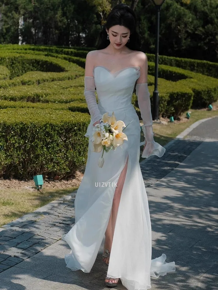 فساتين زفاف كورية بسيطة مثيرة بدون حمالات بدون ظهر فستان سهرة رسمي أنيق بطول الأرض على شكل حرف a فساتين زفاف مخصصة