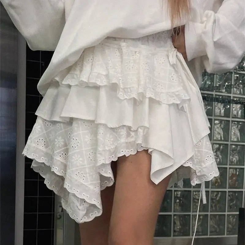 Gothic Sweet Trendy High Waist Irregular Cake Short Skirt New Patchwork Lace Embroidery Mini Skirt Women White Skirts Harajuku