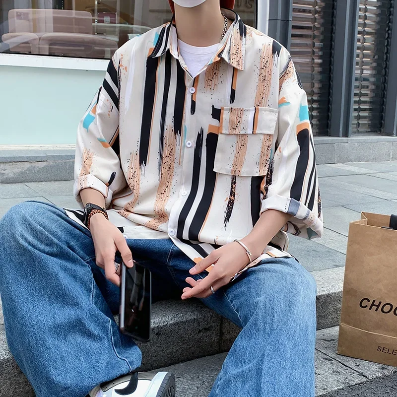 جديد 2025 الصيف التباين اللون قصيرة الأكمام قميص الرجال الكورية موضة فضفاضة مخطط قمصان رجالي عادية حجم كبير بلايز الرجال #4