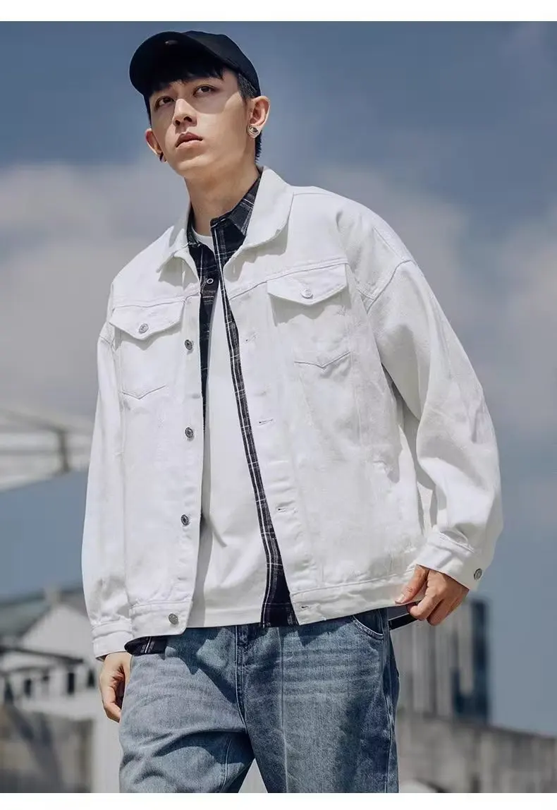 جاكيت دنيم أبيض للرجال بقصة فضفاضة لفصلي الربيع والخريف، تصميم عصري جديد من مزيج القطن والبوليستر بأكمام طويلة وأزرار