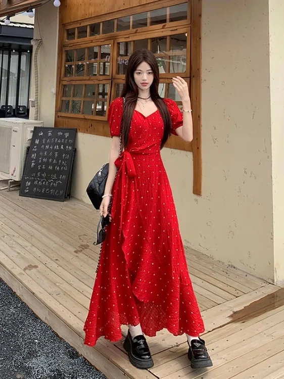 

plus Size Women's Sweet Polka Dot Texture Short Sleeve Dress Summer New Waist Cinched Asymmetrical Long Dress Korean Style