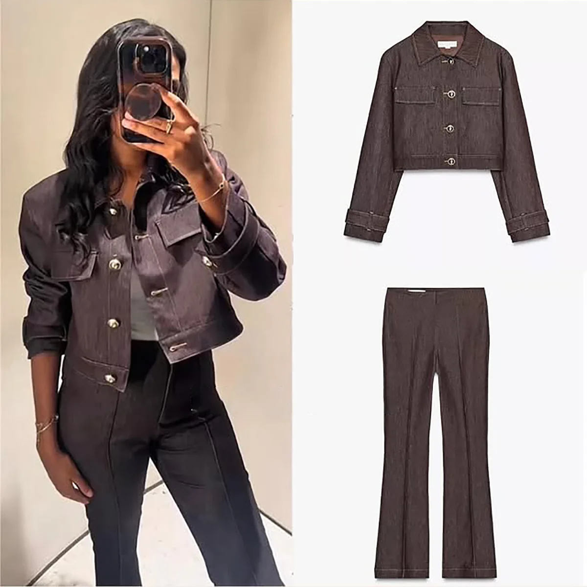 

Women's Autumn Color-Block Stitching Lapel Button Pocket Short Jacket and High-Waist A-Line Fashion Flared Pants Two Piece Set