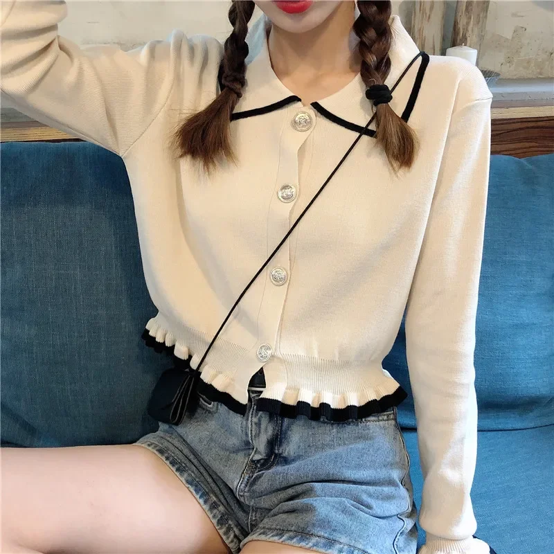 Neploe Korean Cropped Cardigan Y2K Fashion Sweaters Woman Sweater Ruffles Black White Cute Tops Fall 2023 Women Clothing