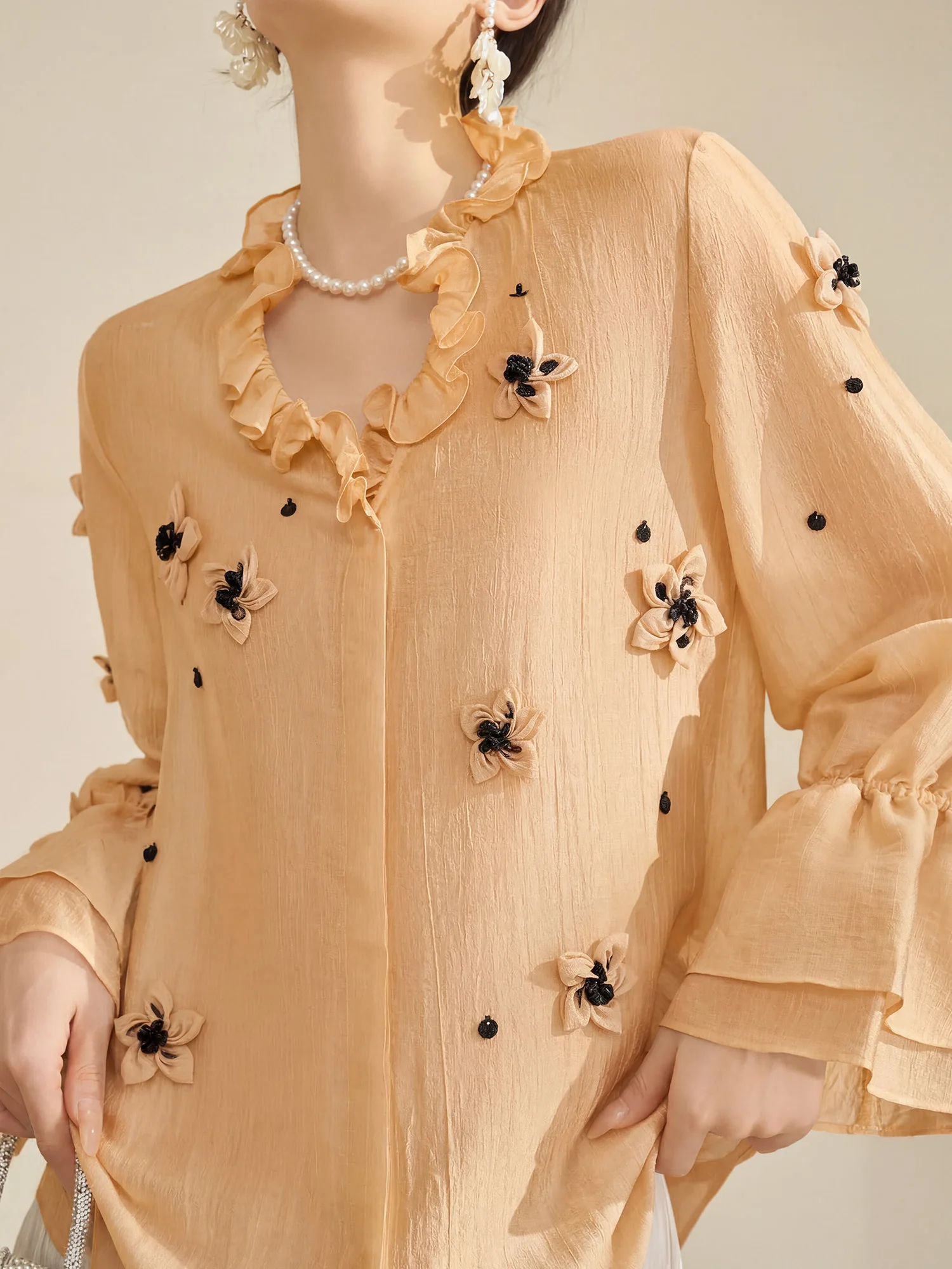 

Chic Unique Long Sleeve Ladies Shirt Spring Fashion Kaki Color 3D Flower Embroidery Business Casual V-Neck Open Cardigan