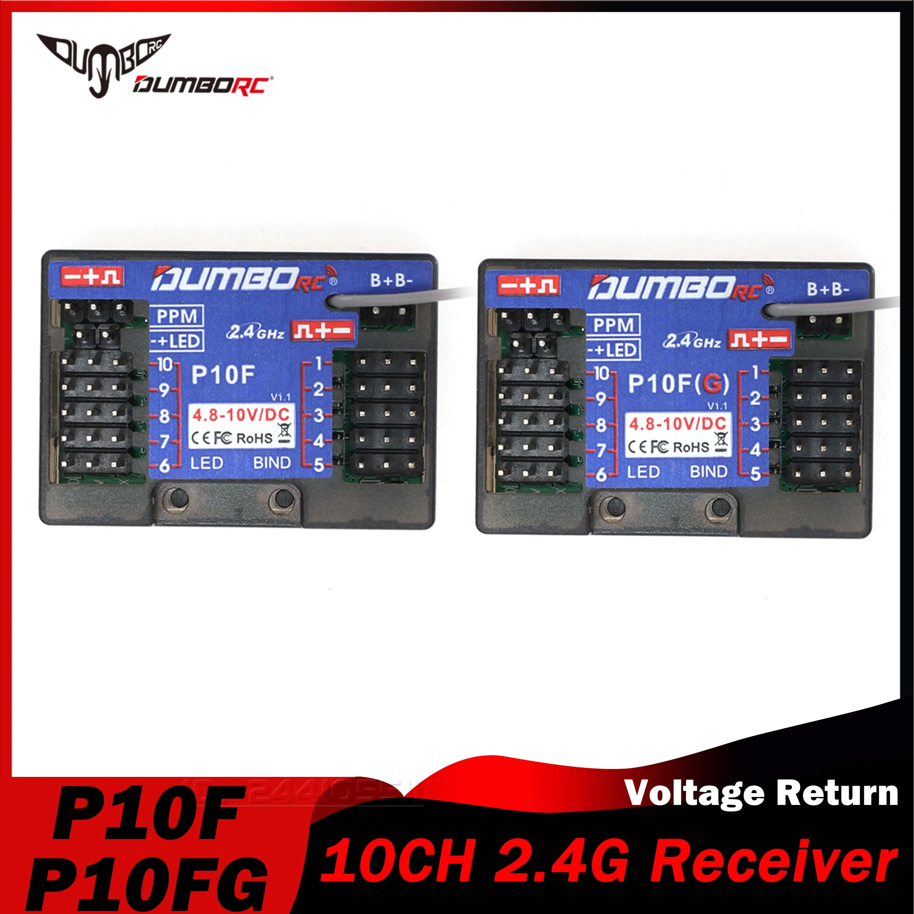 

DUMBORC P10F P10FG 10CH 2.4G RC Receiver Gyro Voltage Return for X10P-350 DDF-350 Transmitter Remote Control Car Boat Tank Model