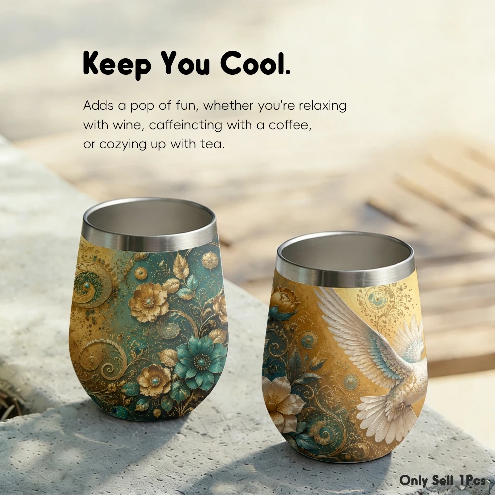 Golden Hummingbird Motif Vacuum Flasks 12oz Insulated Stainless Steel Mug with Lid Double Wall Drink Coffee Cup Travel Tumbler