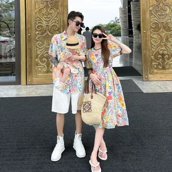 Beach Family Matching Clothes Mom Daughter Vacation Dress Resorts Look Dad and Son Shirts 2023 New Mama and Girl Floral Dresses