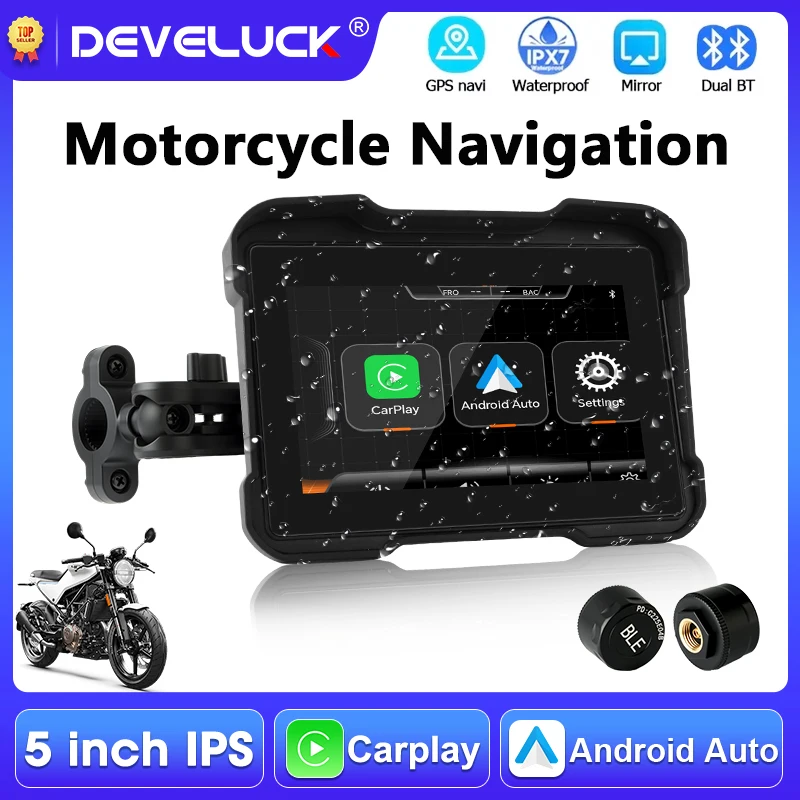 

Портативный 5-дюймовый мотоциклетный GPS-навигатор с сенсорным экраном, беспроводным CarPlay, Android Auto, водонепроницаемостью IPX7, Bluetooth и поддержкой TPMS