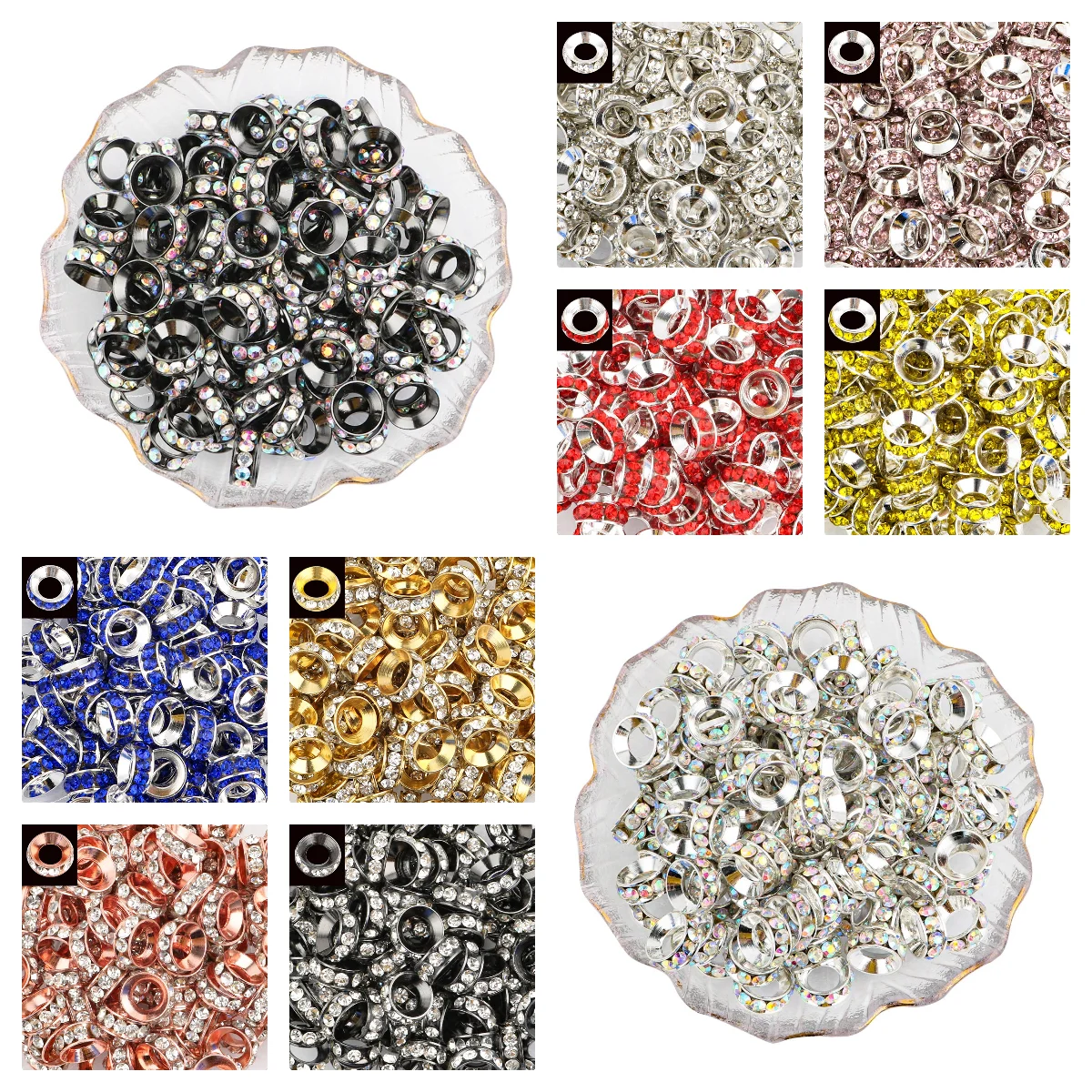 

Round Metal Spacer Beads, Crystal Rhinestone, Big Hole, Jewelry Making, Handmade Accessories, Wholesale, 100-1000Pcs, 10mm