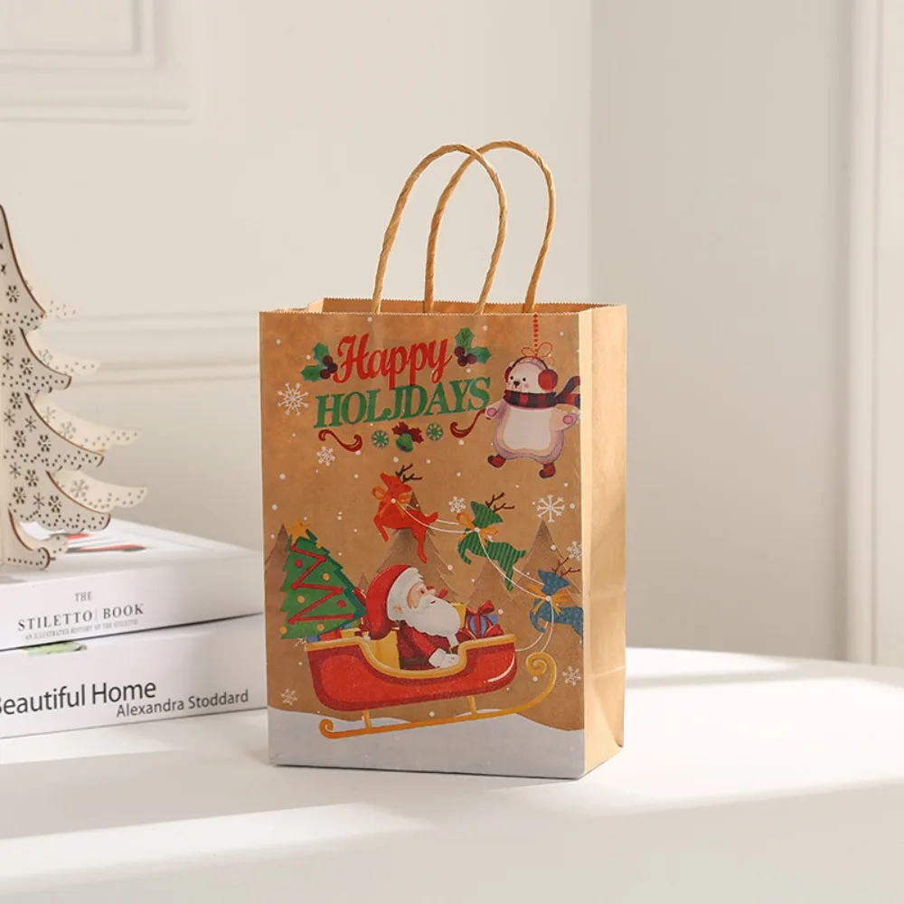 10Pcs Commercial Kraft Paper Christmas Gift Bag Thickened Large Capacity Gift Packaging Bags Reusable Tote Bag New Year