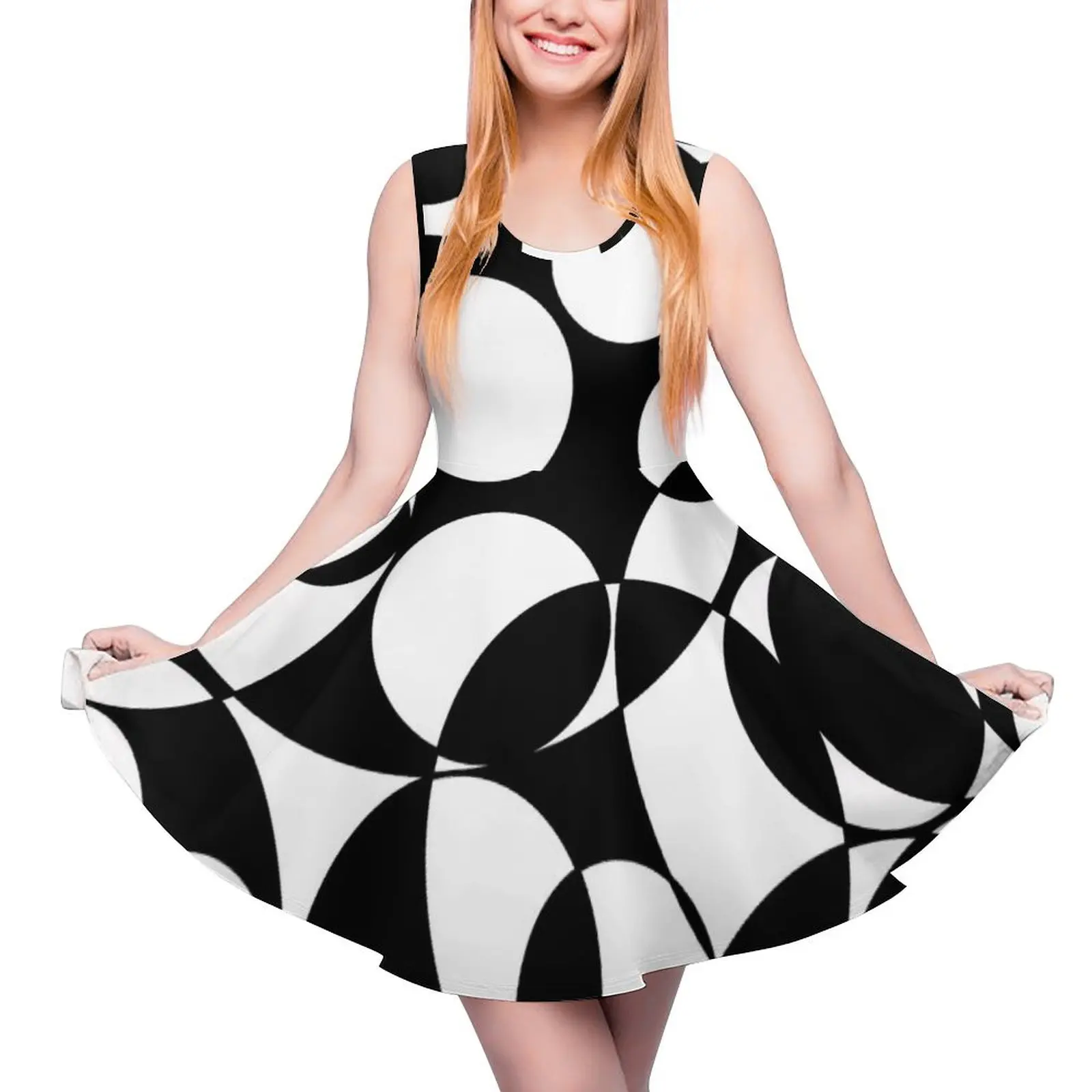 

Abstract Circles Black and White Spheres Maximalist Pattern Sleeveless Dress Party dresses for women purple dress