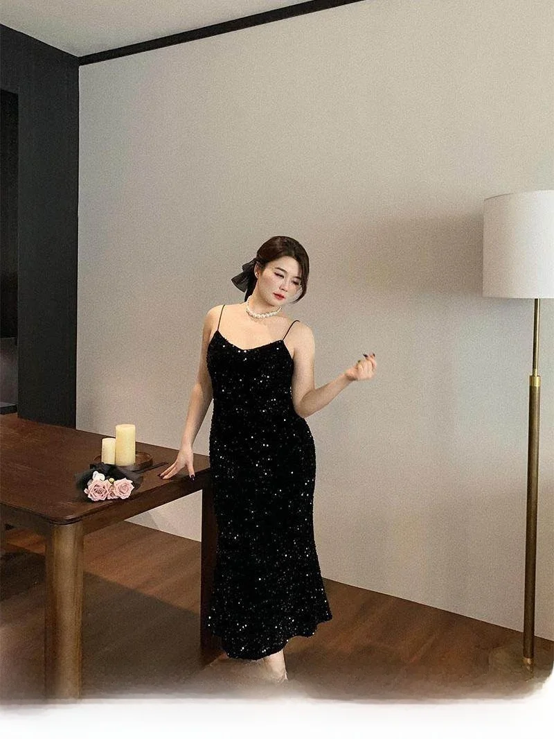 

Черное бархатное платье макси с пайетками, без бретелек, приталенное, больших размеров, для офиса, с высокой талией, на молнии, осенне-зимнее