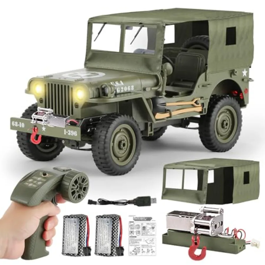 RC Military SUV for off-road use, alloy frame chassis, green, winch and capstan included, opening hood and folding windshield,