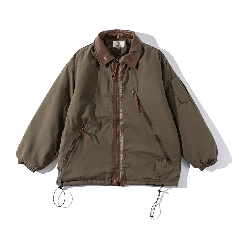 Collar pieced leather coat cotton-padded coat warm men and women winter clothing new