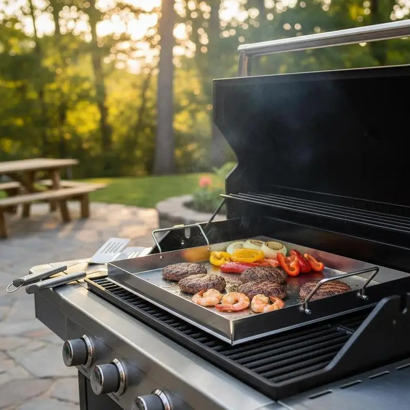 Universal Flat Top Griddle 18x16 Inch For Camping Tailgating Party, Rectangular Hot Plate Family Cookware Built-in Handles Gas Grill Attachment Teppanyaki Surface Outdoor Cooking Pan