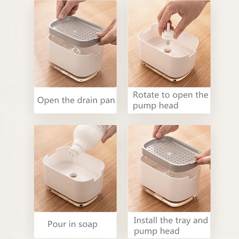 Soap Dispenser Box Press Dispenser Scrubbing Liquid Container Kitchen Bathroom Automatic Detergent Foam Box with Sponge Holder