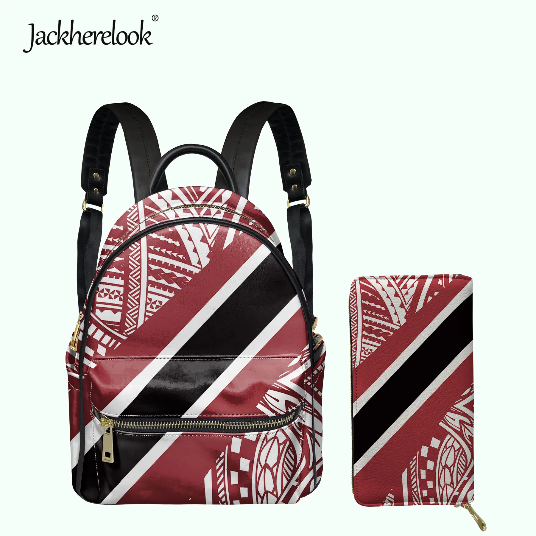 

Jackherelook Caribbean Trinidad and Tobago Flag Polynesian Mini Backpack for Ladies Women Luxury PU Leather School Bag Purse Set