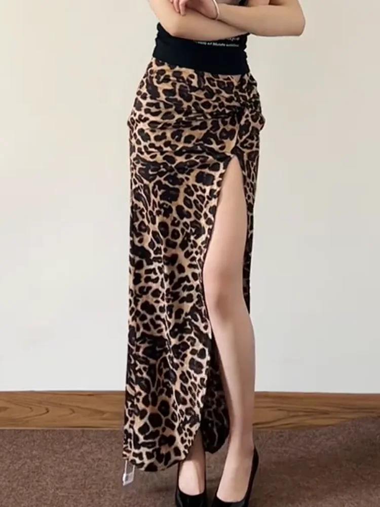 

Sexy Slim Fit Long Leopard Print Skirt High Slit Design Trendy f-length Summer New Sle Spicy Girl Sle Midi Skirt