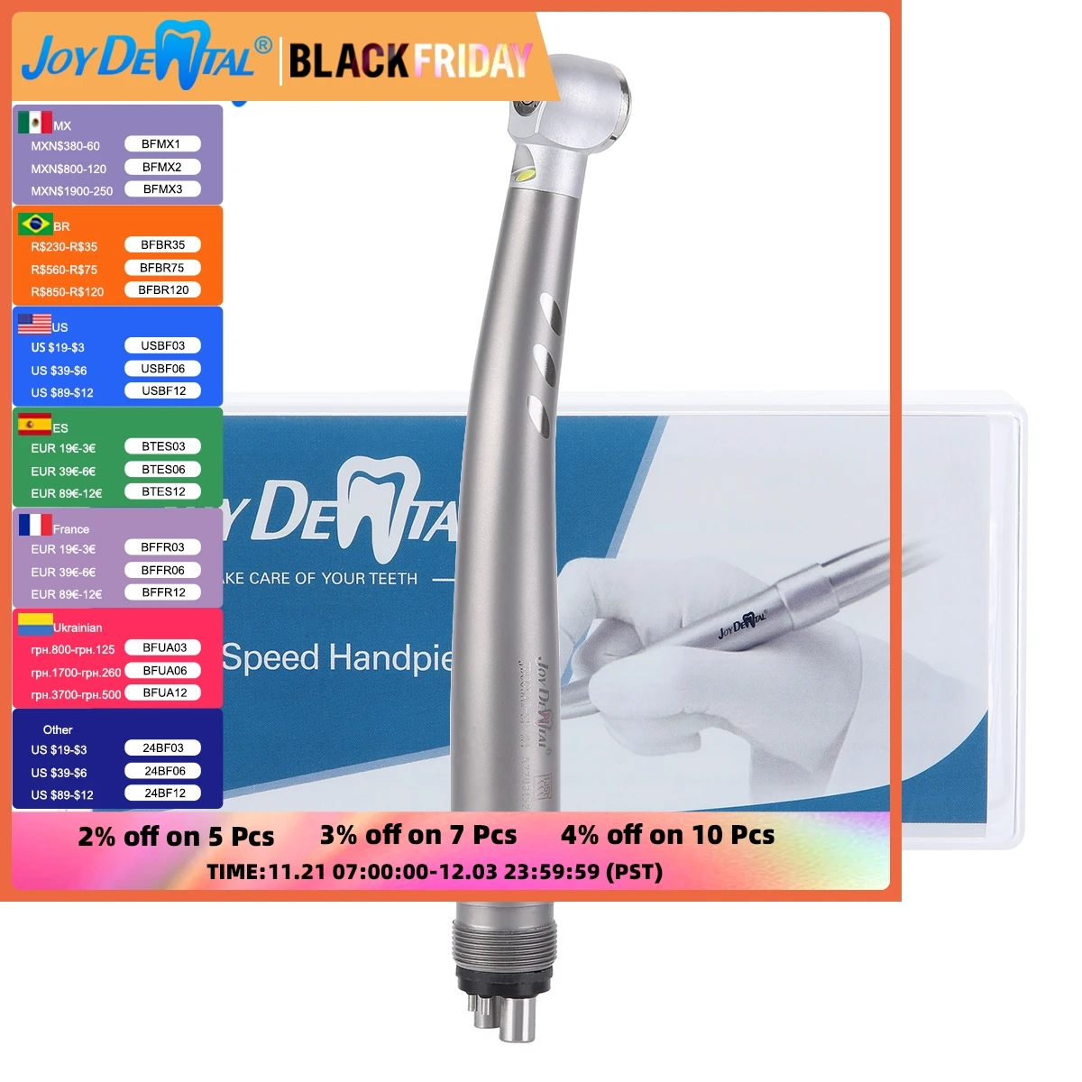 JOYDENTAL Dental LED Integrate E-generator High Speed Handpiece Ceramic Bearing Standard Head Push Button 2/4 Hole 4 Water Spray