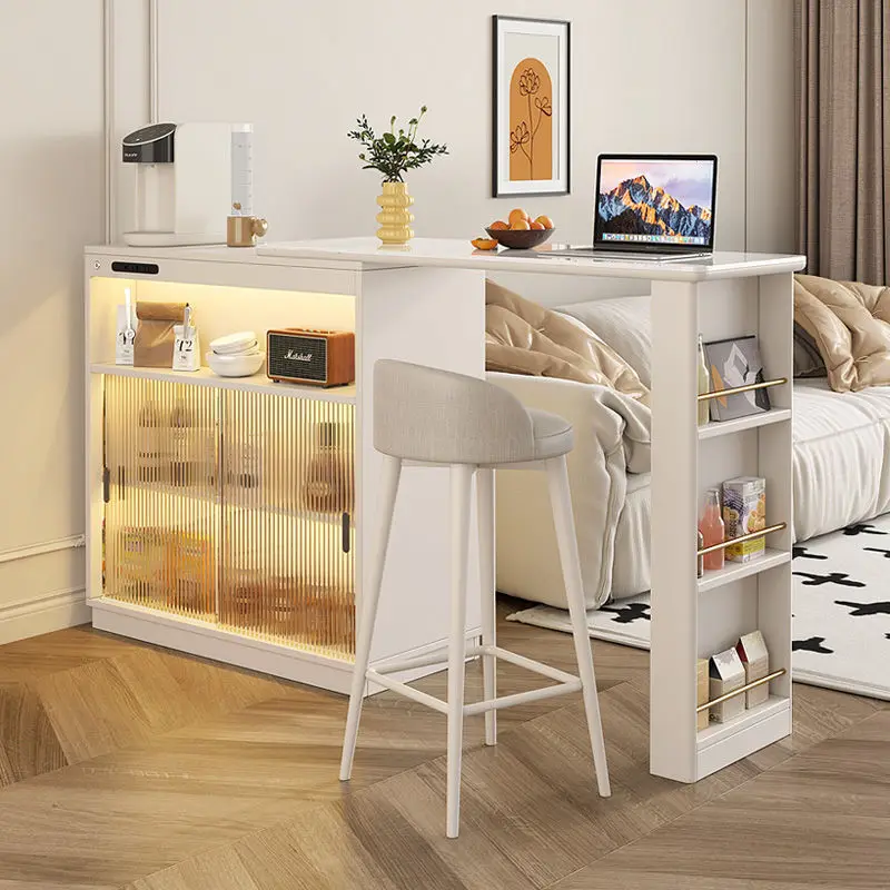 Mueble bar para sala de estar, mueble de almacenamiento con cubierta de losa de roca color crema, mueble auxiliar para comedor, sofá retráctil integrado, mueble bar