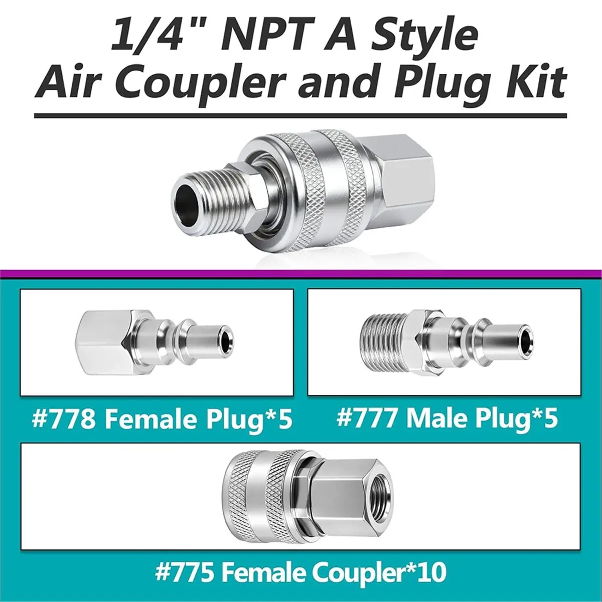 

20 Pcs 1/4" NPT A Style Air Coupler and Plug Kit, Compatible with S-775, S-777, S-778