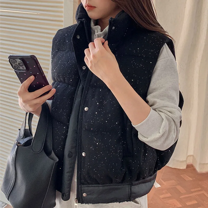 

New Winter Down Cotton Vest Women Short Standing Collar Sleeveless Jacket Camisole Lady Outerwear Casual Tops Female Waistcoat