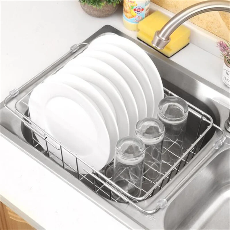 

Adjustable Sink Dish Plate Drain Rack Expandable Drying Basket Home Kitchen Fruit Vegetable Bowl Drainer Stainless Steel Rack