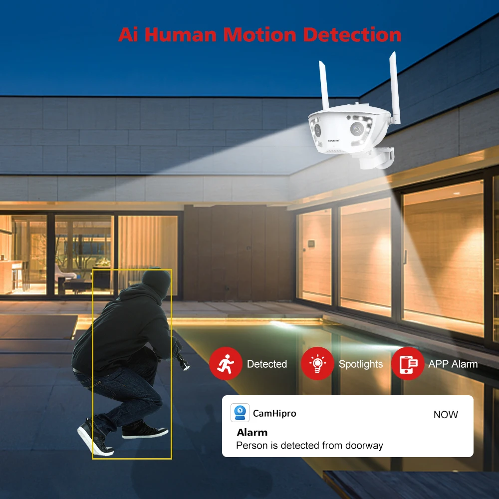 Imagem -04 - Câmera de Vigilância Externa 4g Wifi 4mp Poe Lente Dupla 180 ° Ultra Wide Angle Detecção Humana ai Câmera de Segurança Aplicativo Camhipro