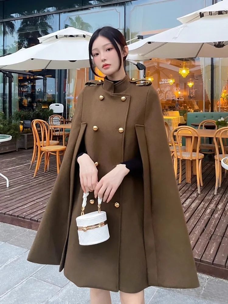 Autumn Winter Women Cloak Overcoat Stand Collar Double Breasted Loose Fit Middle Long Jacket Vintage Office Ladies Woolen Coat