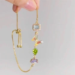 Cute Colored Crystal Butterfly Bracelets for Women 2024 Summer New Style Adjustable Copper Gold-plated Bracelet Party Jewelry