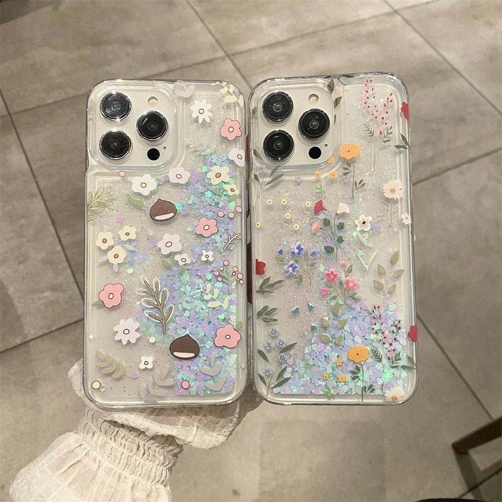 

Art Flowers Luxury Quicksand with Lanyard Phone Case for IPhone 16 15 14 13 12 11 Pro Max Clear Drop-resistant Back Cover Funda