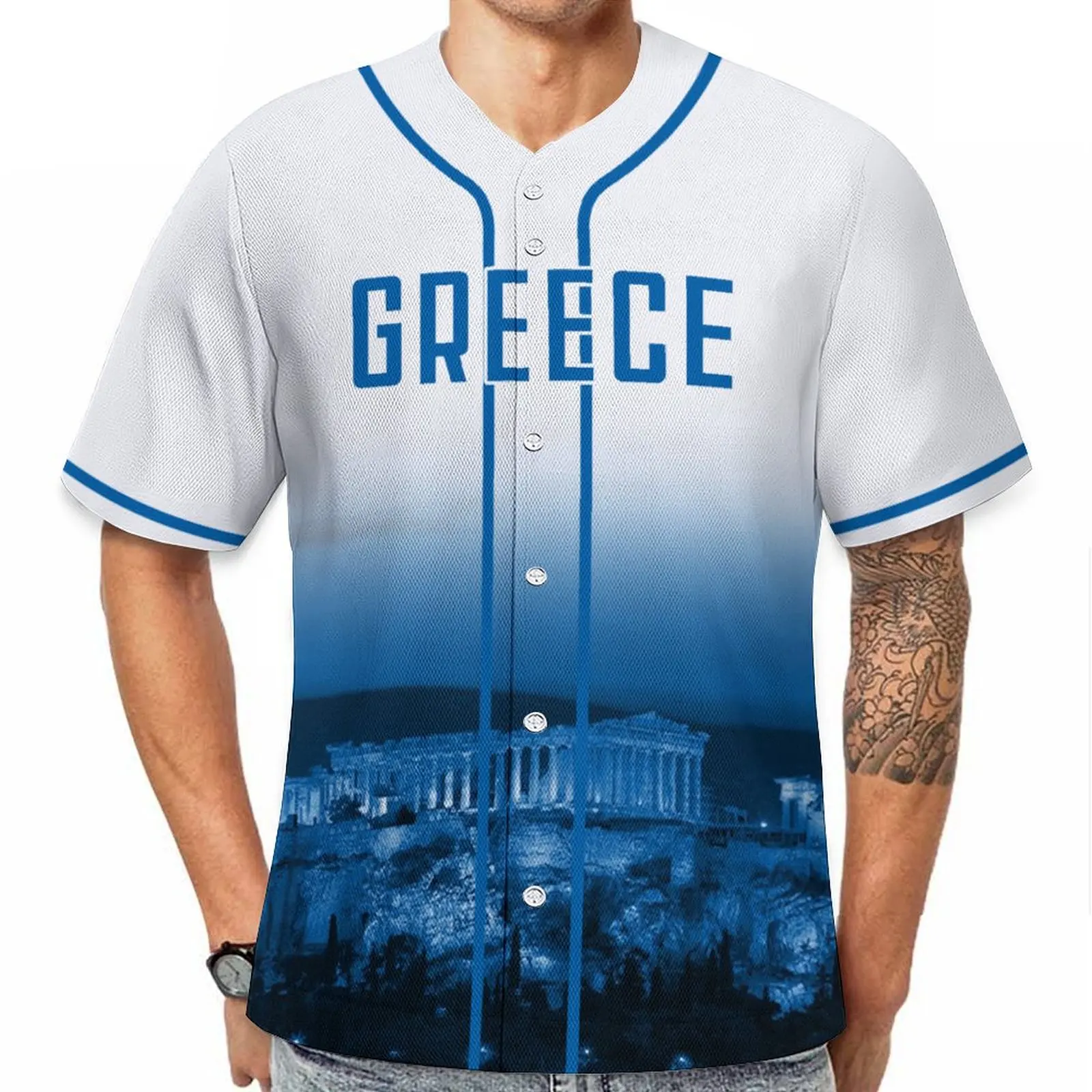 Custom Greece Baseball Jersey with City Skyline Personalized Name Number Baseball Shirt for Men Women Youth Kids view 3