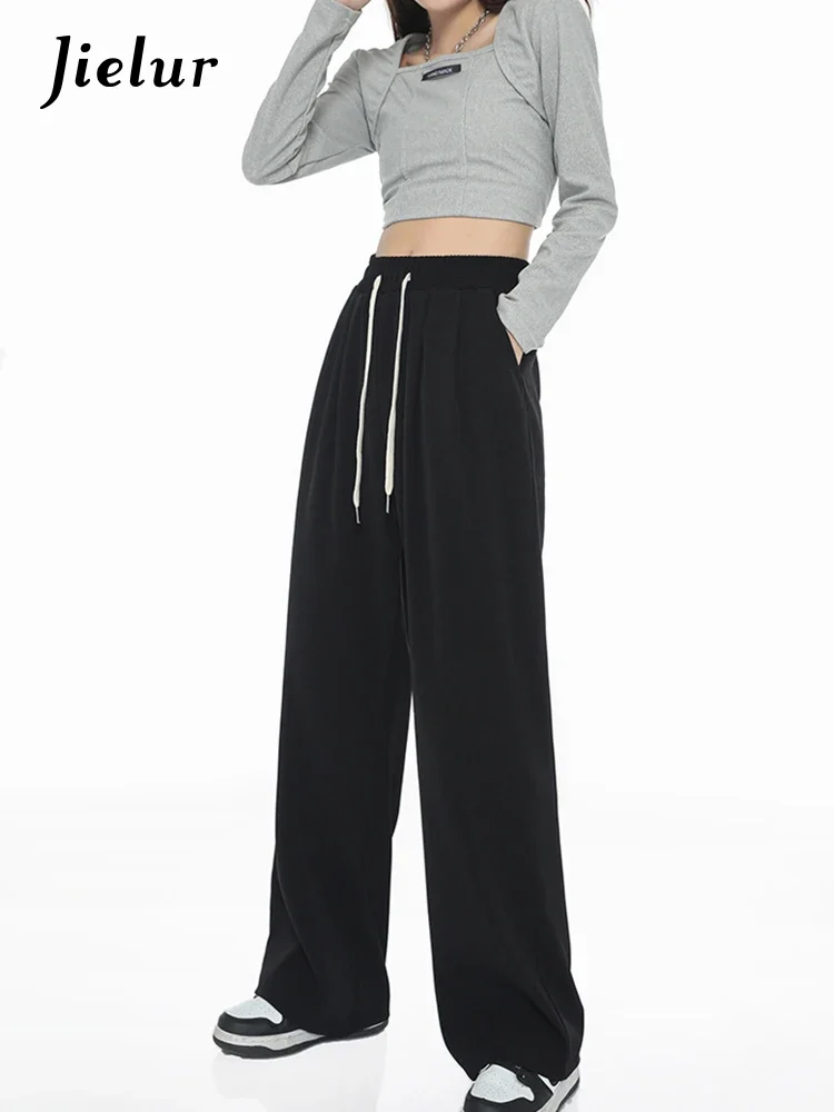 

Jielur Drawstring Casual Women Trousers Spring Simple Coffee Vintage Straight-leg Wide-leg Pants Black Jogging Sweatpants Female