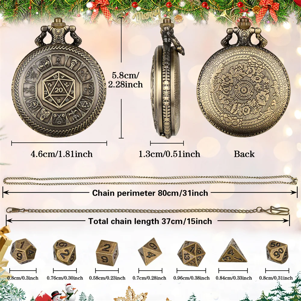 Novel Christmas Gift Pocket Watch Case with Pocket Chain Polygon Dice Decorated Pocket Clock Case Entertainment Mini Dices Set