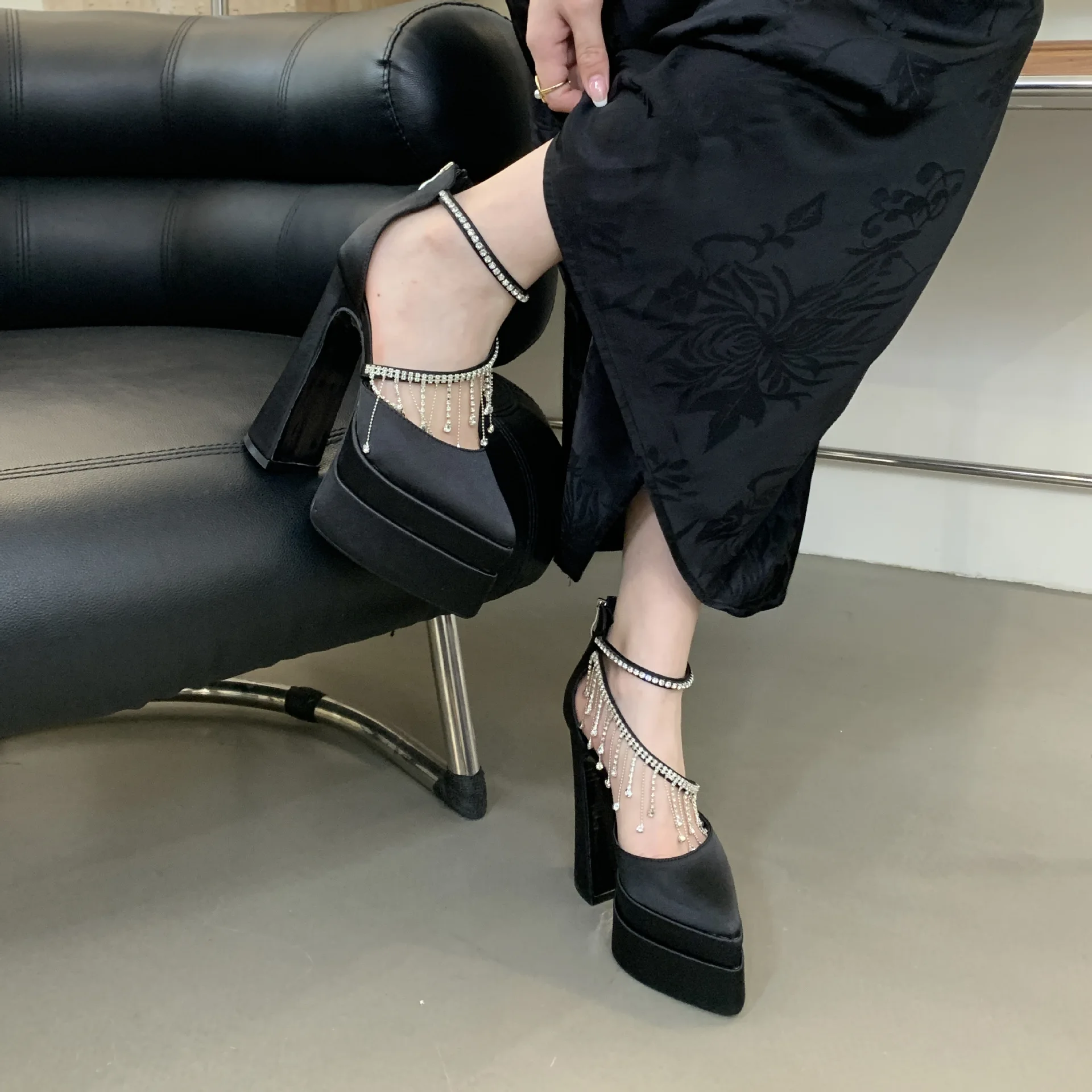 

Women New Satin Crystal Tassel Sandals Pointed Toe 15Cm Ultra-High Heel Waterproof Platform Runway Dance Shoes