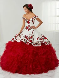 Burgundy Quinceanera Dresses Ball Gown Off The Shoulder Organza Appliques Mexican Sweet 16 Dresses 15 Anos Customized