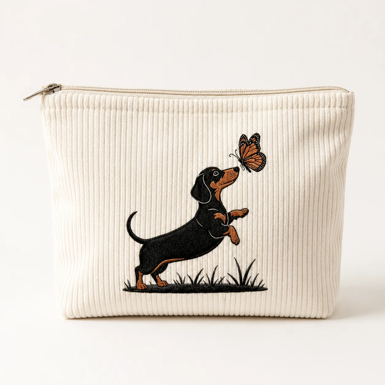Dachshund Butterfly Cosmetic Bag Cute Printed Corduroy Pouch Dog Lover Travel Makeup Organizer Toiletry Case Zipper Storage Bag