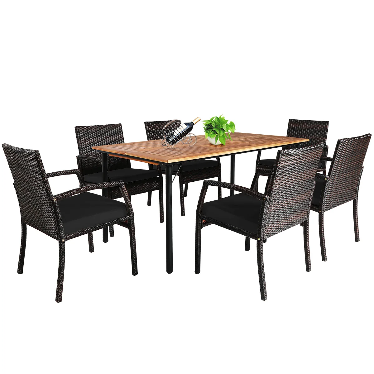 7PCS Patio Rattan Dining Chair Table Set W/ Cushion Umbrella Hole Black