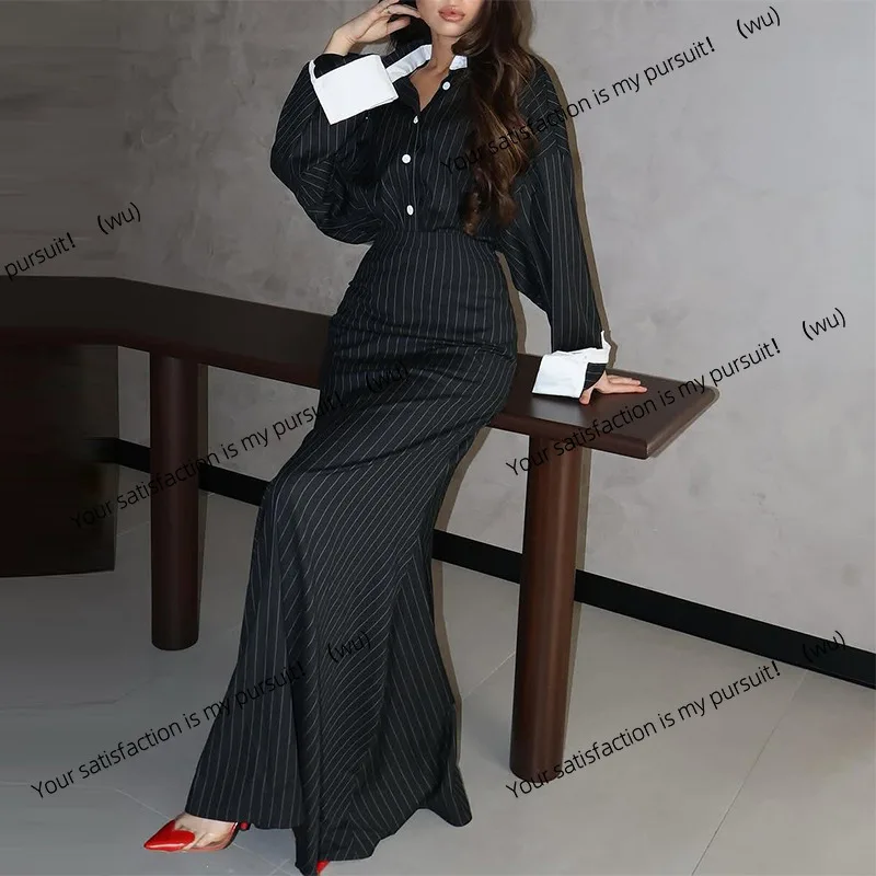 Set atasan kemeja wanita lengan panjang kancing satu baris dengan rok panjang bergaris model lilit pinggul
