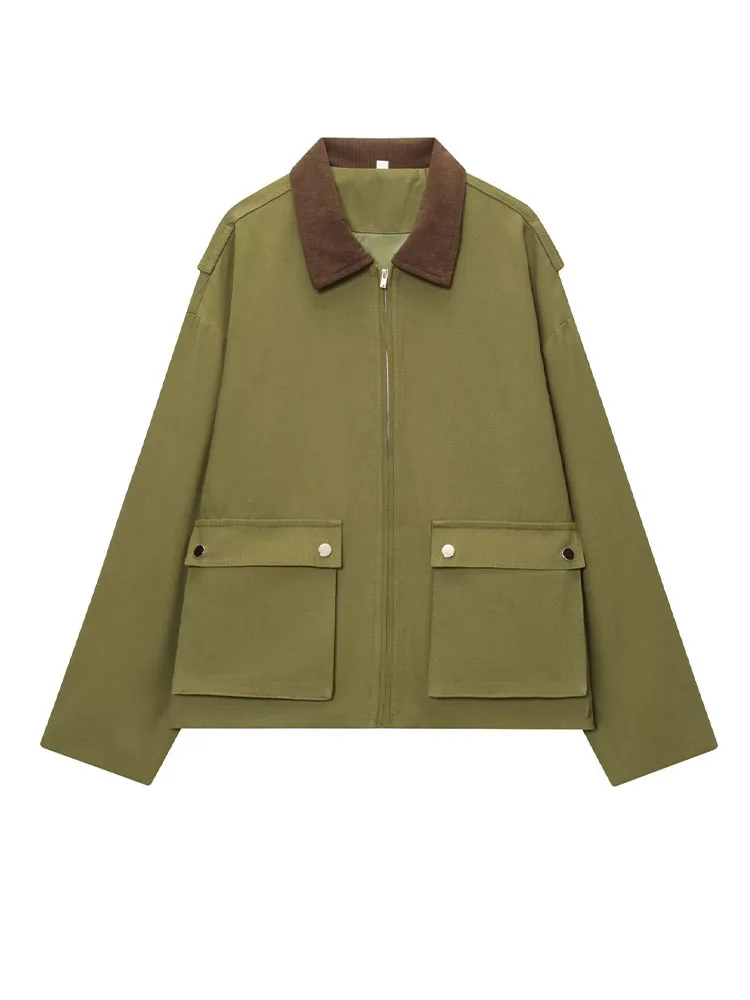 HH Moda invernale da donna Colletto con giunture allentato Decorazione tascabile Cappotto ampio Temperamento femminile Giacca a maniche lunghe con cerniera casual