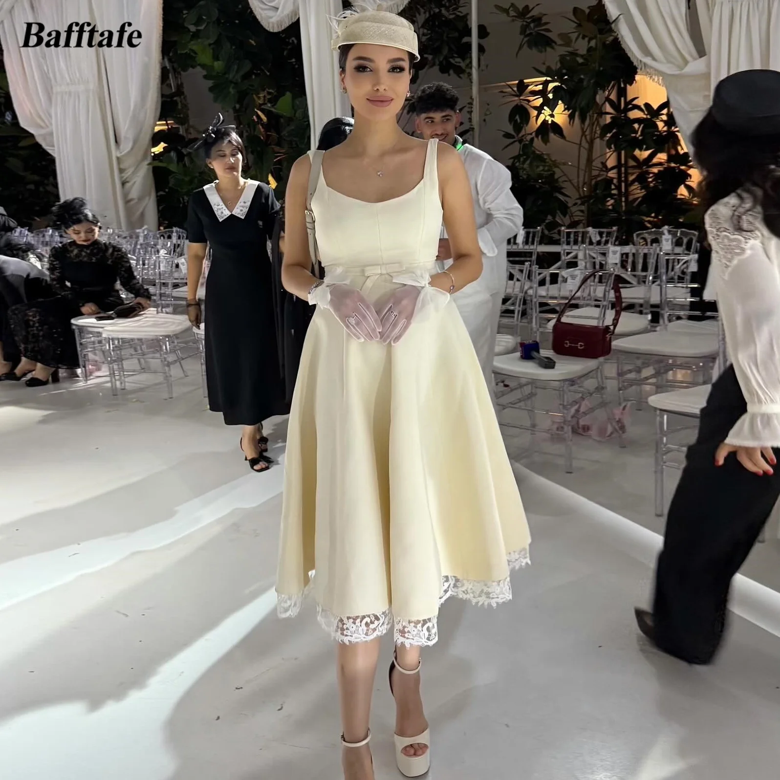 

Bafftafe A Line Customized Midi Prom Dresses Yellow Crepe Lace Edge Arabic Special Occasion Evening Party Bridesmaid Dress 2026